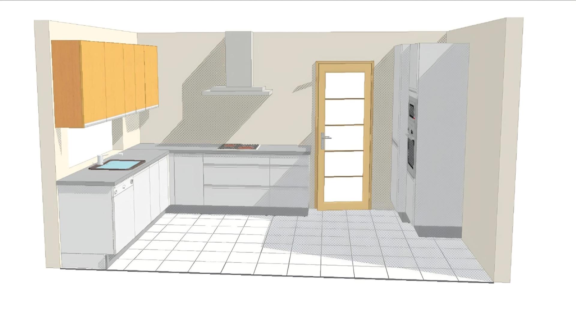 Diseño 3D de cocina en L con electrodomésticos integrados