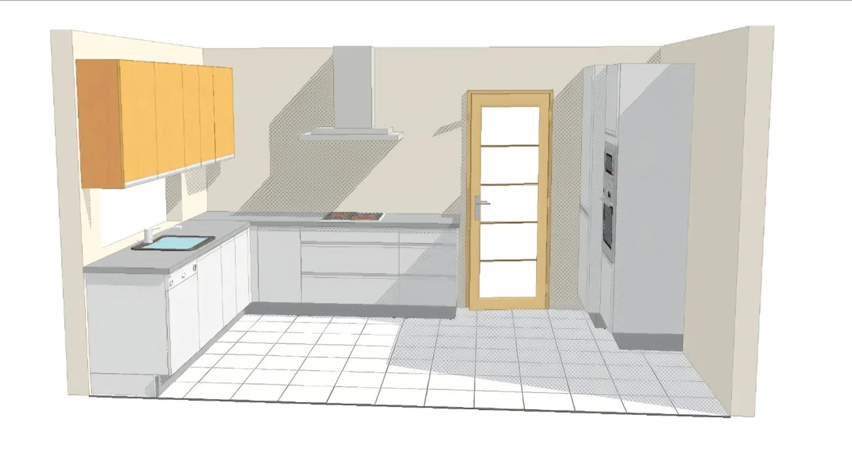 Diseño 3D de cocina en L con electrodomésticos integrados
