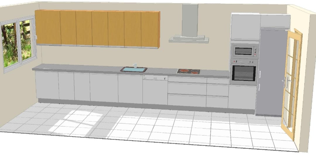 Diseño 3D de cocina con vista frontal y electrodomésticos