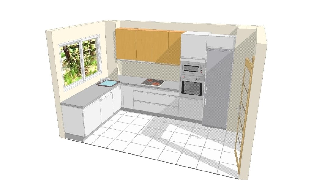 Diseño 3D de cocina en perspectiva con distribución en L