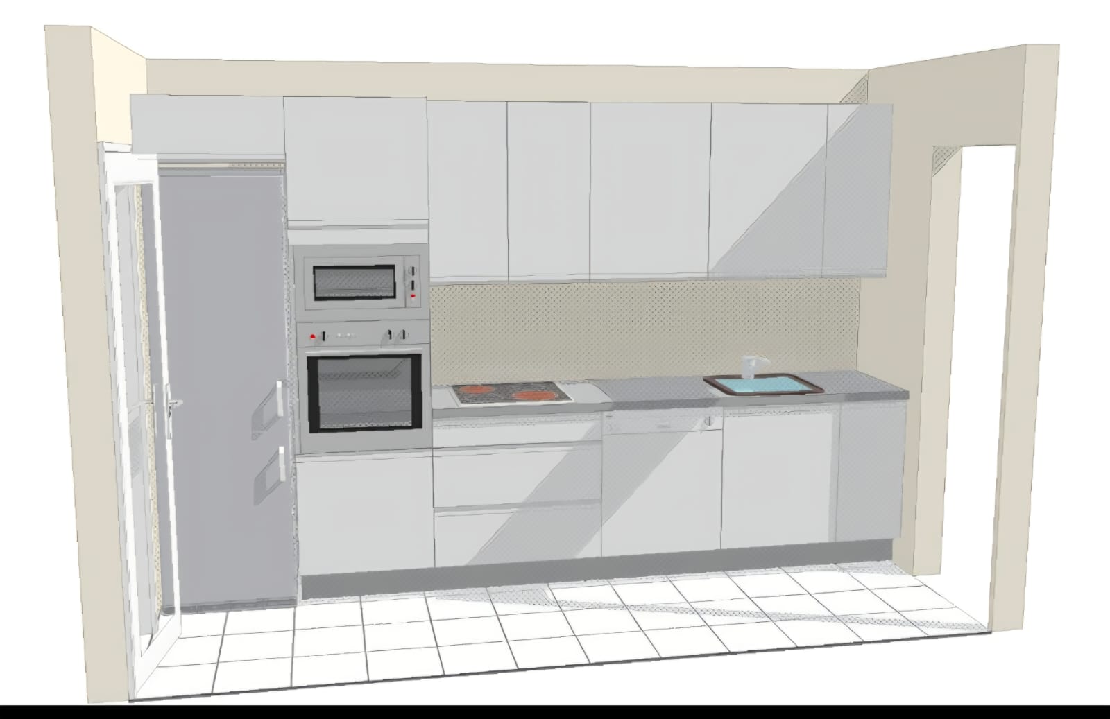 Diseño 3D de cocina con electrodomésticos integrados - vista frontal