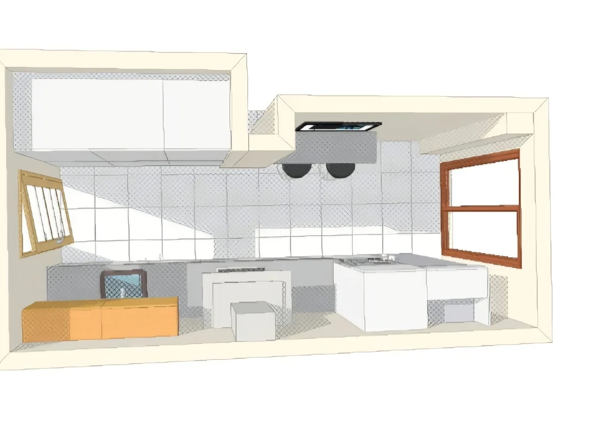 Diseño 3D de cocina para una reforma en Sabadell con campana decorativa y armarios a medida
