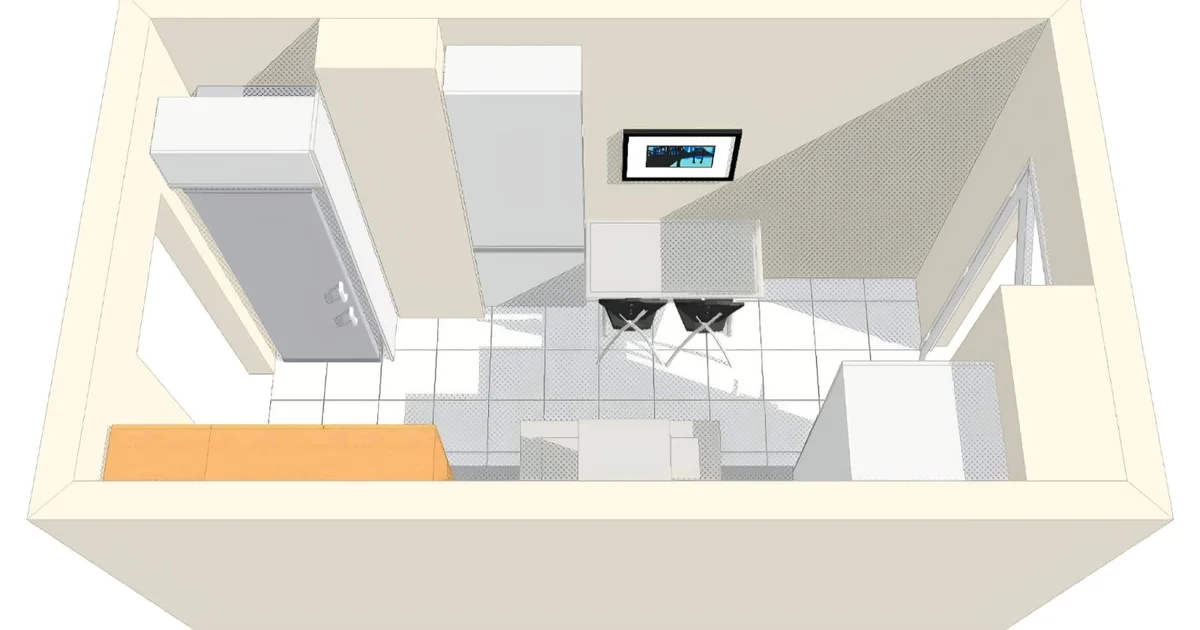 Render 3D en planta de cocina con office y distribución optimizada
