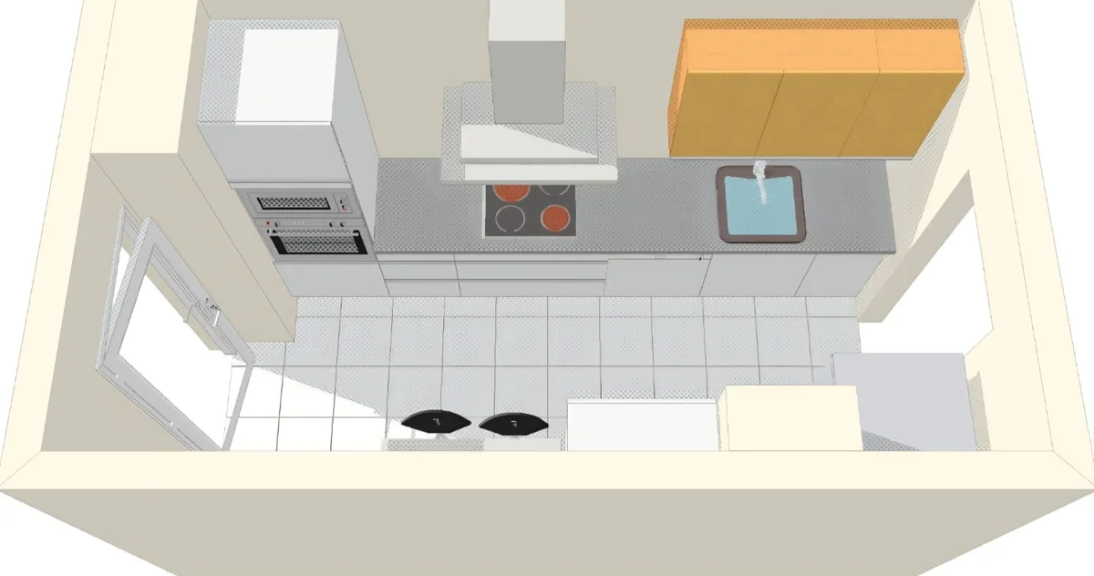 Diseño 3D de cocina con placa de inducción, fregadero y campana central