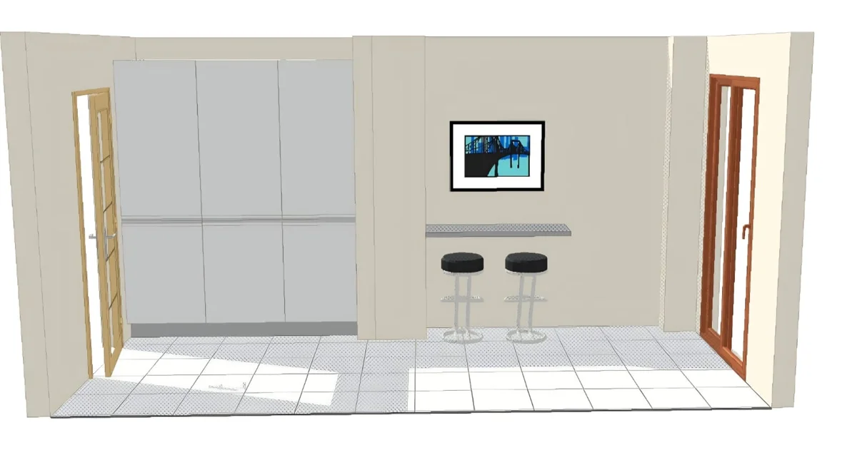 Diseño 3D de zona de office con barra, taburetes y armario empotrado