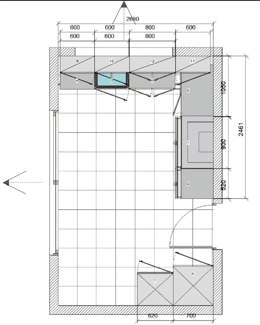 Plano técnico acotado de cocina para proyecto de reforma a medida